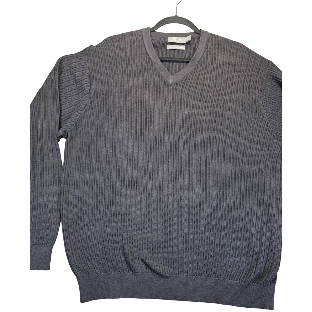 Talbots Mens Sweater Large Black V Neck Ribbed Silk Cotton Staple Lightweight